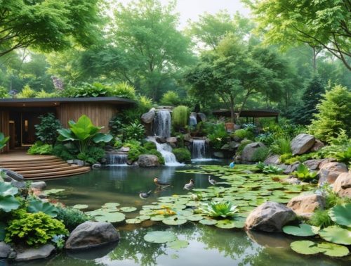 A beautifully transformed backyard featuring a tranquil eco pond surrounded by native plants and local wildlife, emphasizing natural beauty and sustainability.