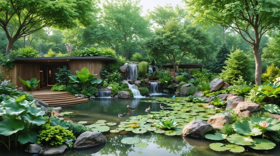 A beautifully transformed backyard featuring a tranquil eco pond surrounded by native plants and local wildlife, emphasizing natural beauty and sustainability.