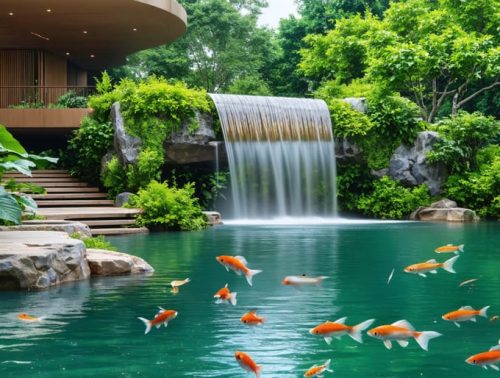 A picturesque pond with an eco-friendly metal waterfall, clear water teeming with fish, and lush plants demonstrating sustainable and safe aquatic landscaping.