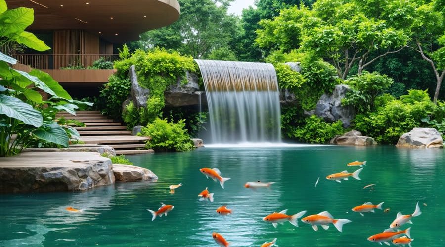 A picturesque pond with an eco-friendly metal waterfall, clear water teeming with fish, and lush plants demonstrating sustainable and safe aquatic landscaping.