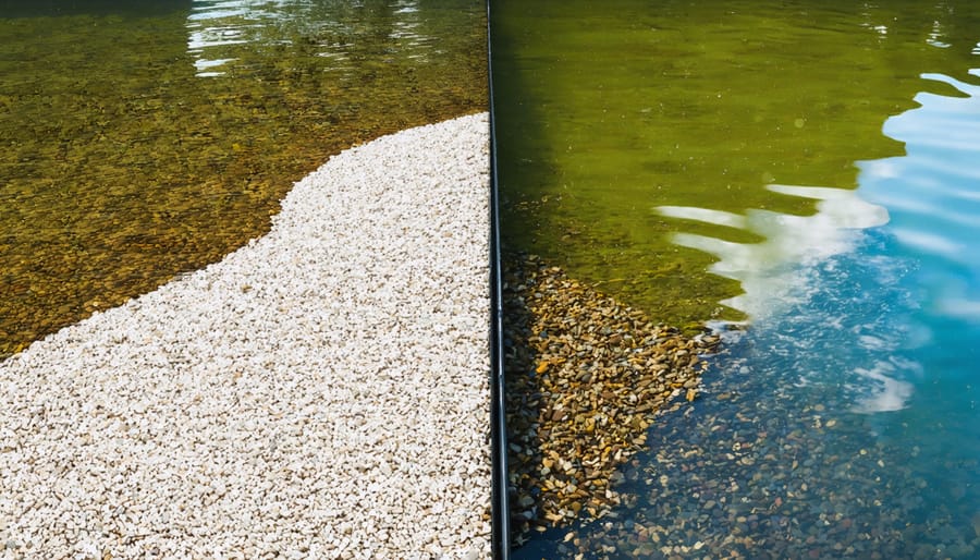 Side-by-side comparison of clean and clogged pond filter media showing maintenance needs