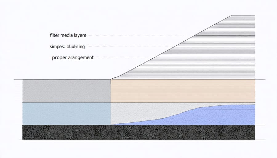 Detailed cross-sectional diagram showing different filter media layers from top to bottom