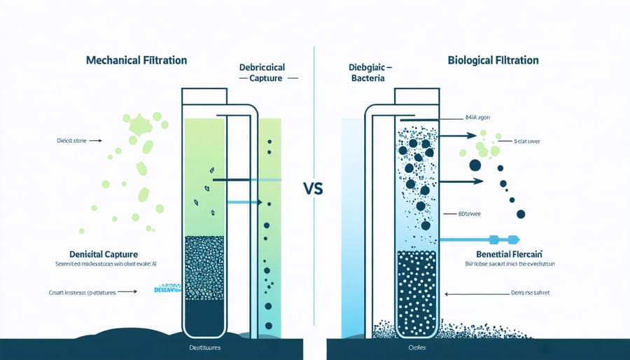 Side-by-side comparison illustrating mechanical and biological pond filtration processes