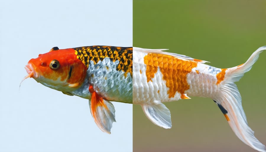 Comparison showing visual differences between healthy and diseased pond fish