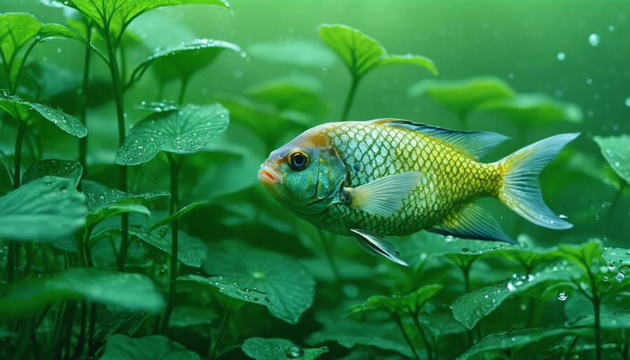 Fish interacting with underwater pond plants, demonstrating natural habitat