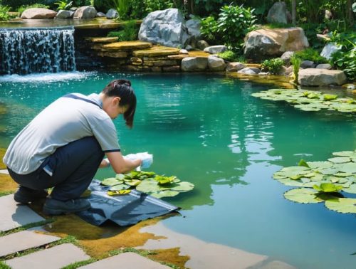 An individual repairs a pond liner by applying a patch by a scenic pond with clear water, a waterfall, and surrounding plant life, highlighting the theme of successful pond leak restoration.