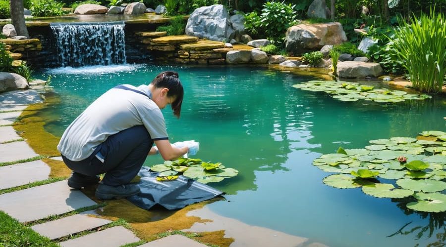 An individual repairs a pond liner by applying a patch by a scenic pond with clear water, a waterfall, and surrounding plant life, highlighting the theme of successful pond leak restoration.