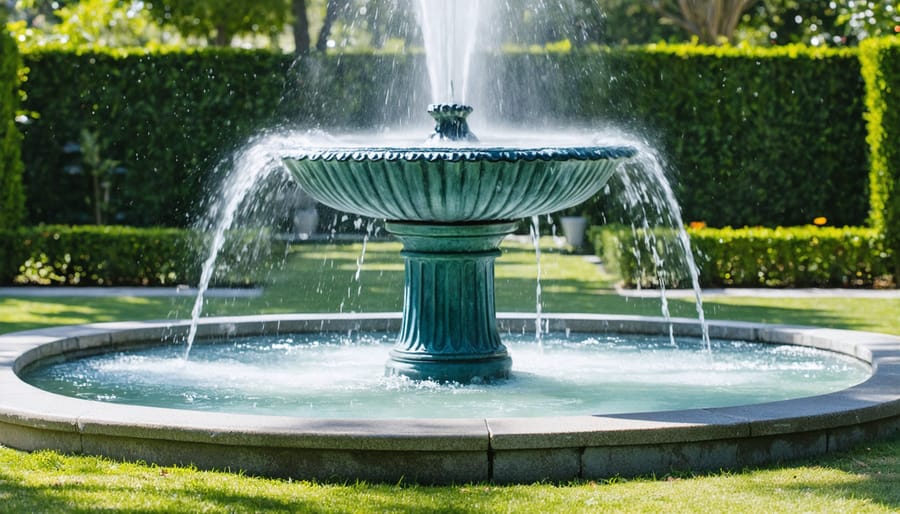 Garden fountain properly scaled within its landscape setting with bench and plants for size reference