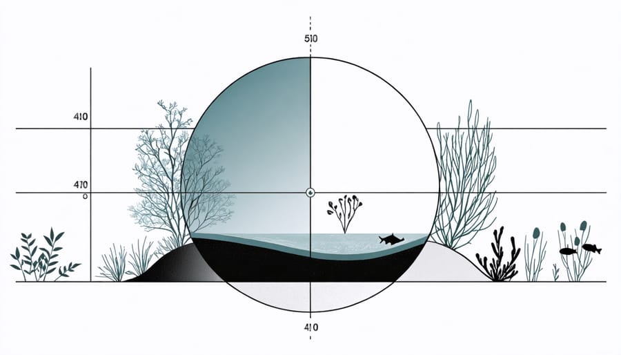 Aquascape design diagram showing golden ratio proportions with measured sections