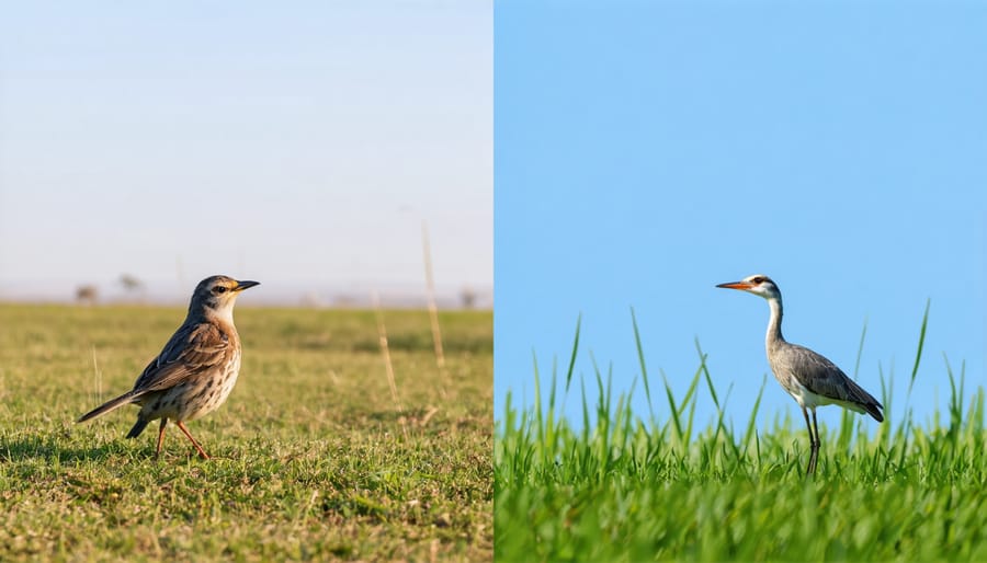 Side-by-side comparison showing thriving grassland with birds on left and degraded grassland on right