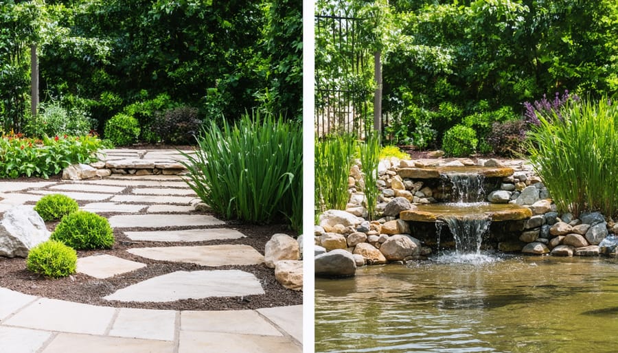 Side-by-side comparison of a typical backyard transformed into a quail-friendly habitat with water features and native plants