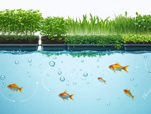 A vibrant aquaponics system showcasing clear water with fish swimming below and lush plants above, visually representing the nitrogen cycle with arrows indicating nutrient transformation and absorption.