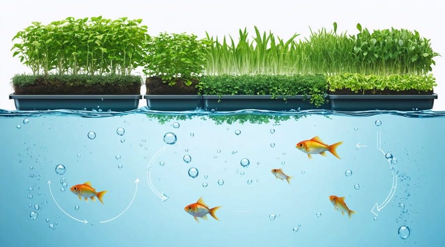 A vibrant aquaponics system showcasing clear water with fish swimming below and lush plants above, visually representing the nitrogen cycle with arrows indicating nutrient transformation and absorption.