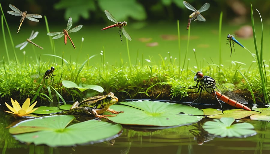 Healthy pond ecosystem displaying various beneficial organisms and balanced aquatic life