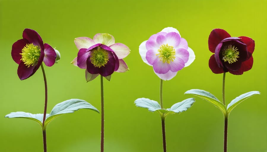 Various Hellebore flowers in white, pink, and purple blooming along a natural pond edge