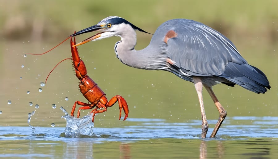 Great blue heron wading in shallow water capturing an invasive red swamp crayfish