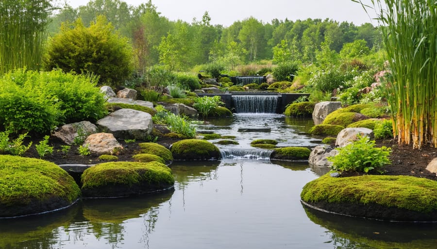 Installed hybrid pond filtration system combining natural bog garden with mechanical filter components