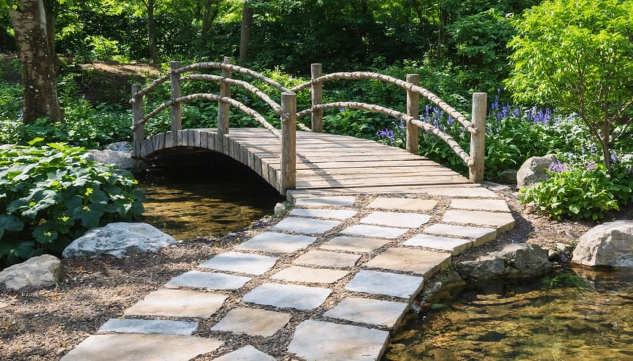 Curved garden path and wooden footbridge integrated with water feature and plantings