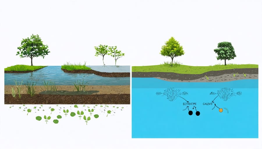 Side-by-side comparison of IPM-managed pond and chemically-treated pond showing difference in water clarity and plant health