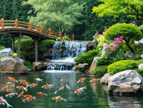 A peaceful Japanese garden pond featuring koi fish gliding gracefully, surrounded by artfully arranged rocks and lush water plants. A gentle waterfall creates ripples on the water surface, set alongside a traditional wooden bridge and stone lantern.