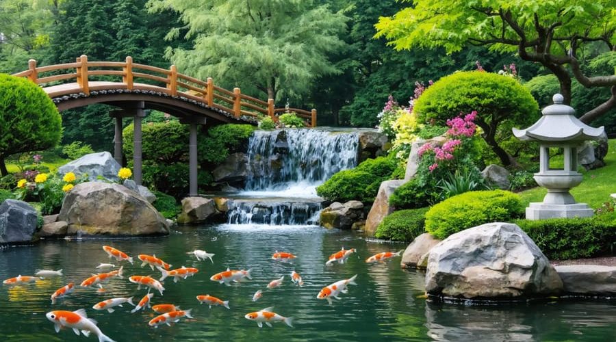 A peaceful Japanese garden pond featuring koi fish gliding gracefully, surrounded by artfully arranged rocks and lush water plants. A gentle waterfall creates ripples on the water surface, set alongside a traditional wooden bridge and stone lantern.