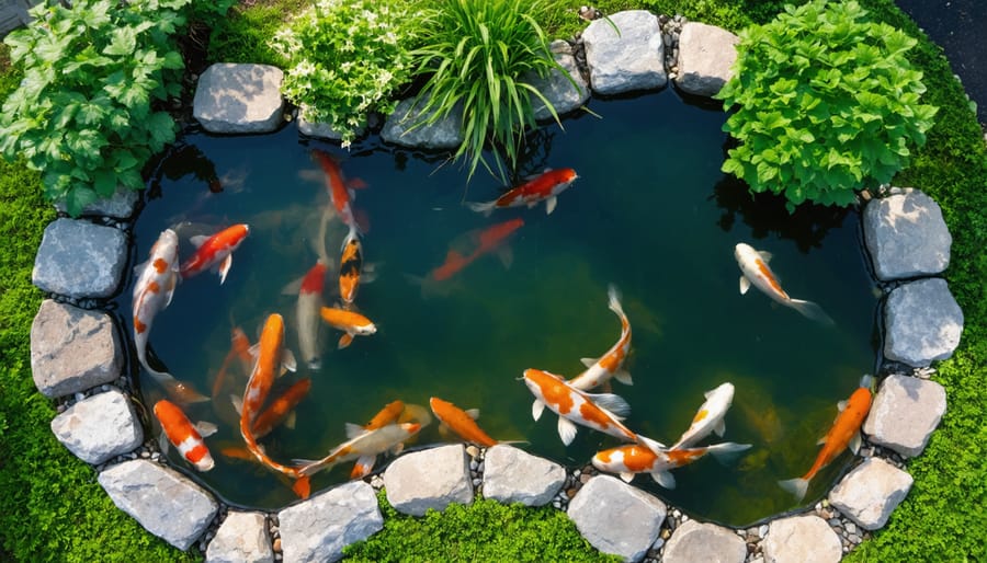 Kidney-shaped koi pond featuring natural landscaping and clear water