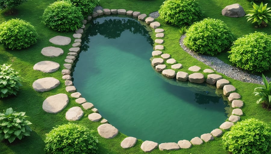 Beautiful kidney-shaped garden pond with natural stone edging and aquatic plants