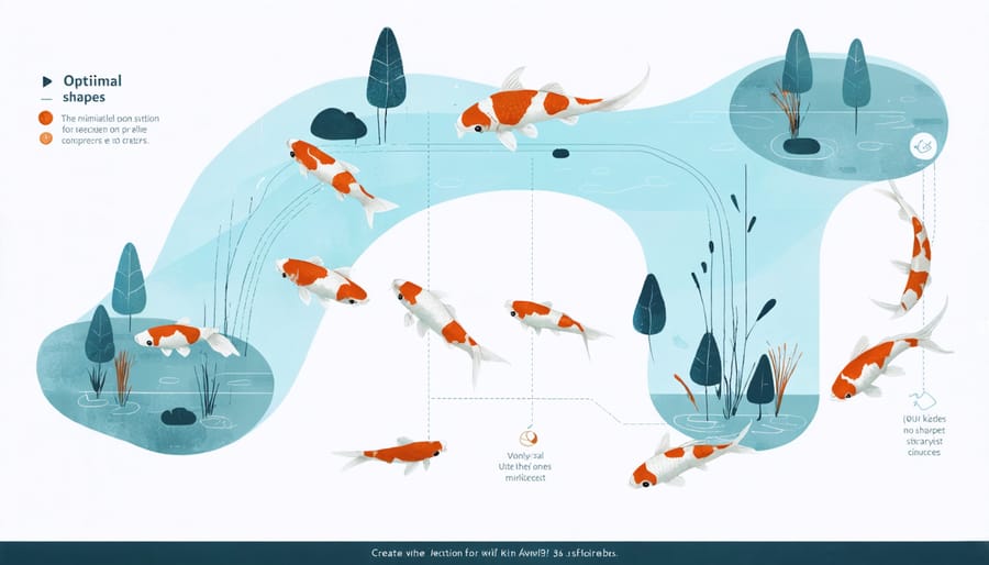 Illustrated diagram of koi swimming patterns in different pond shapes