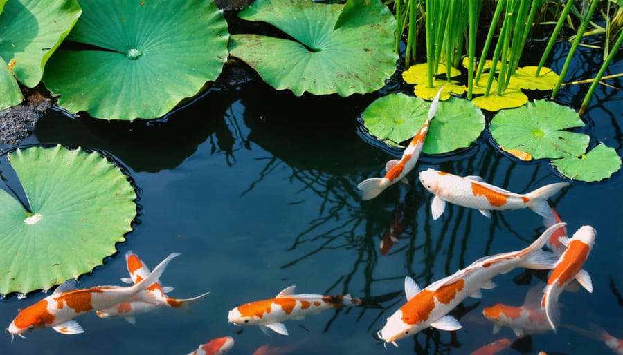 Peaceful koi pond with pink and white water lilies providing shade for orange and white koi fish