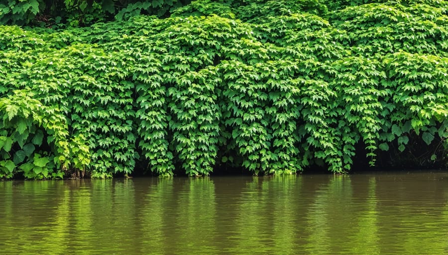 Dense kudzu vines spreading along the bank of a pond