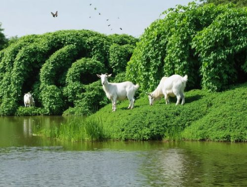 A tranquil pond setting with goats grazing on kudzu vines, illustrating natural kudzu control in a balanced ecosystem near water.