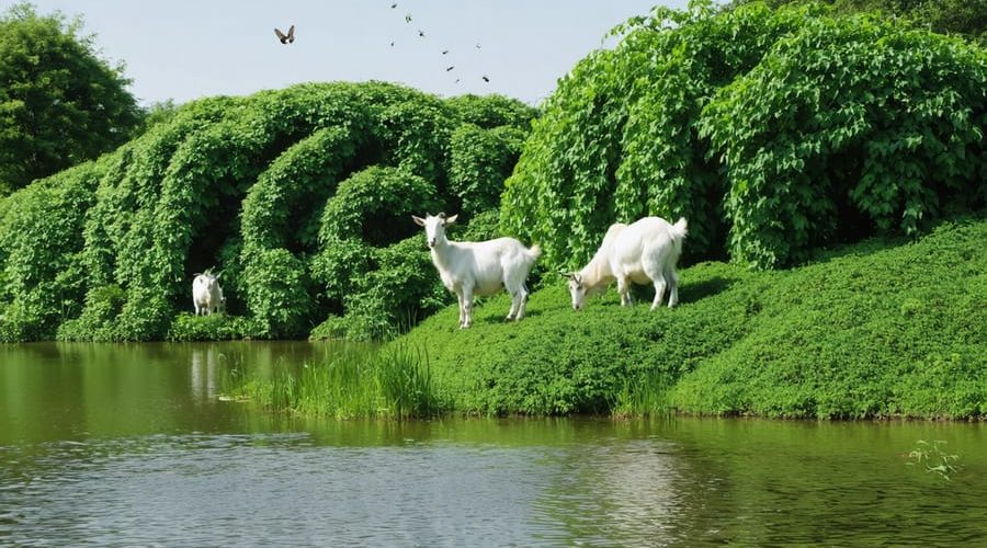 A tranquil pond setting with goats grazing on kudzu vines, illustrating natural kudzu control in a balanced ecosystem near water.