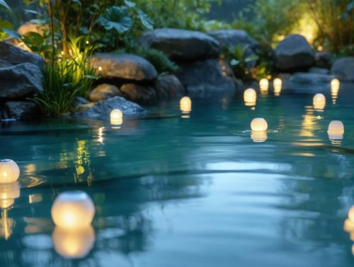 A tranquil garden pond at night, lit by numerous solar-powered floating and submersible lights, casting a warm and magical glow across the water’s surface and surrounding landscape.