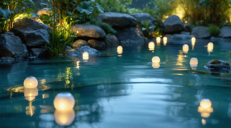 A tranquil garden pond at night, lit by numerous solar-powered floating and submersible lights, casting a warm and magical glow across the water’s surface and surrounding landscape.