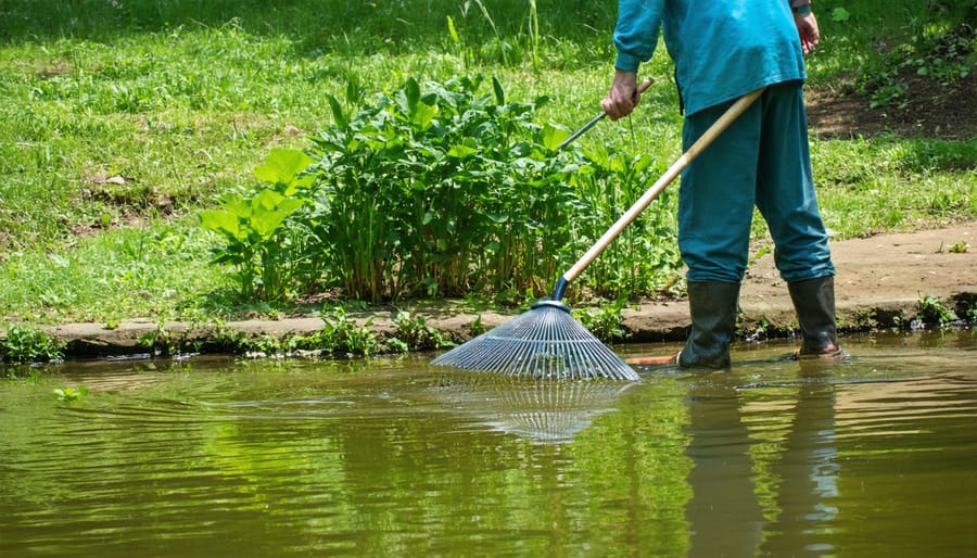 Demonstration of physical removal of pond weeds using a long-handled rake