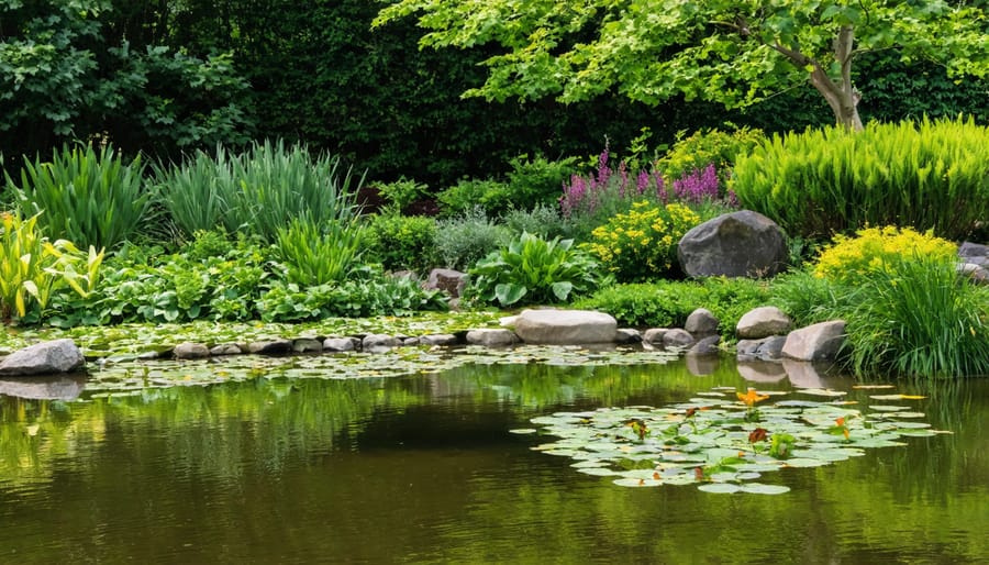 Natural-looking pond edge with iris, rush, and cattail plants growing along the margin