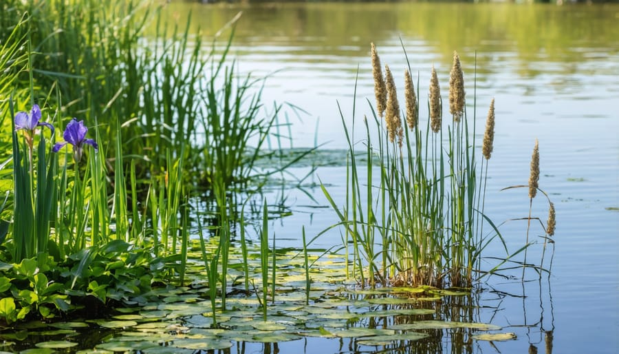 Various marginal water plants growing naturally along the edge of a water garden