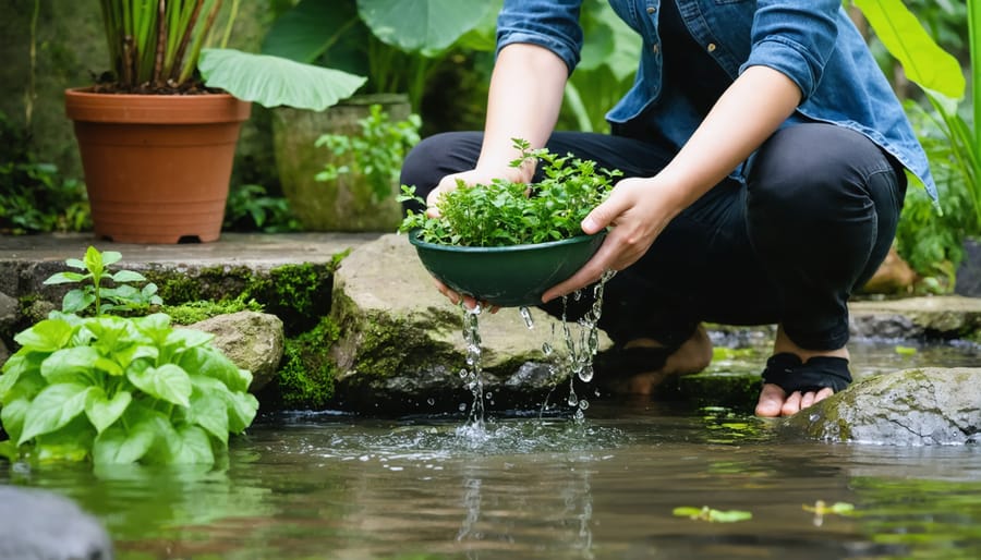 Individual carefully maintaining aquatic plants in a peaceful garden setting