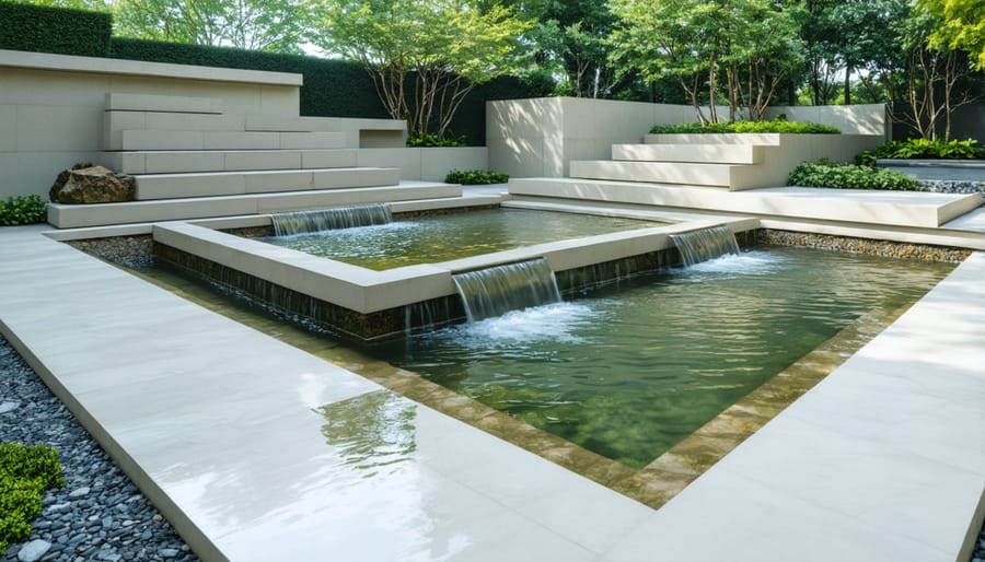 Multi-level geometric pond with clean lines and cascading water features