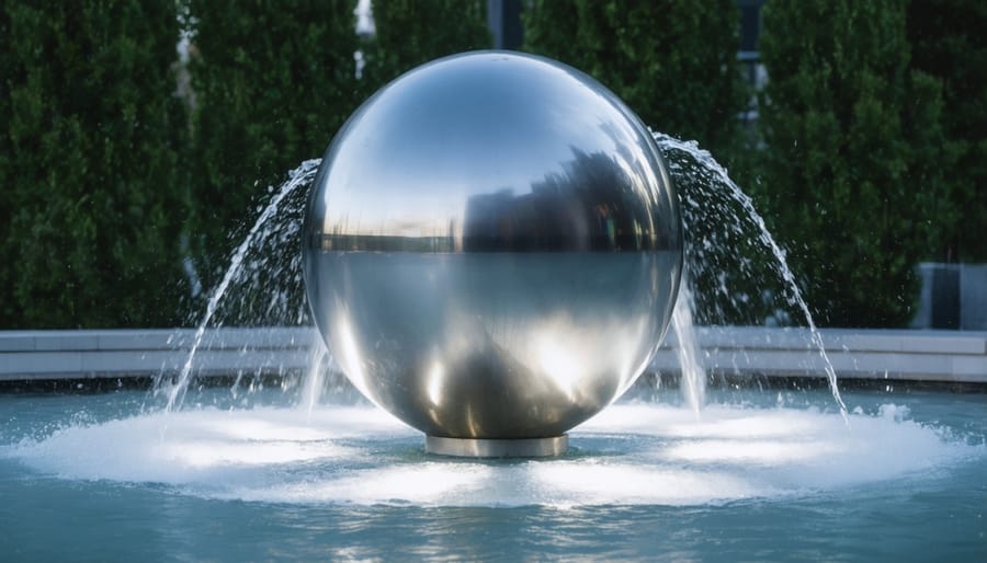 Modern spherical water fountain with smooth water sheet effect and blue LED illumination