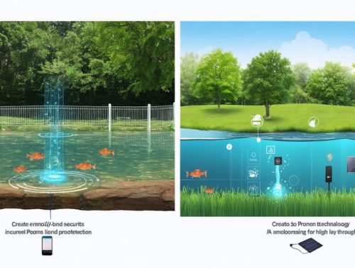 A conceptual image contrasting traditional pond security with simple fencing on the left and modern technological solutions like underwater cameras and sensors on the right.