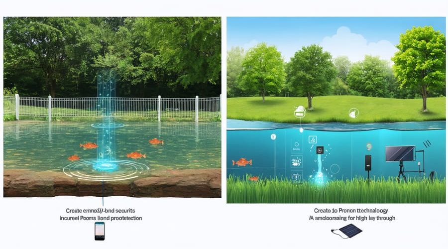 A conceptual image contrasting traditional pond security with simple fencing on the left and modern technological solutions like underwater cameras and sensors on the right.