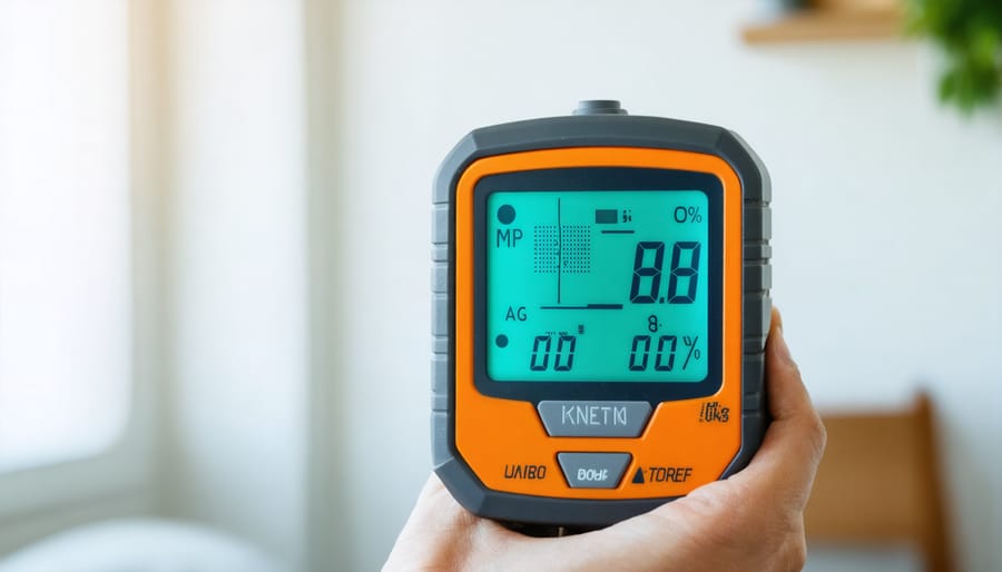 Digital moisture meter screen displaying ideal moisture levels with clear measurement indicators