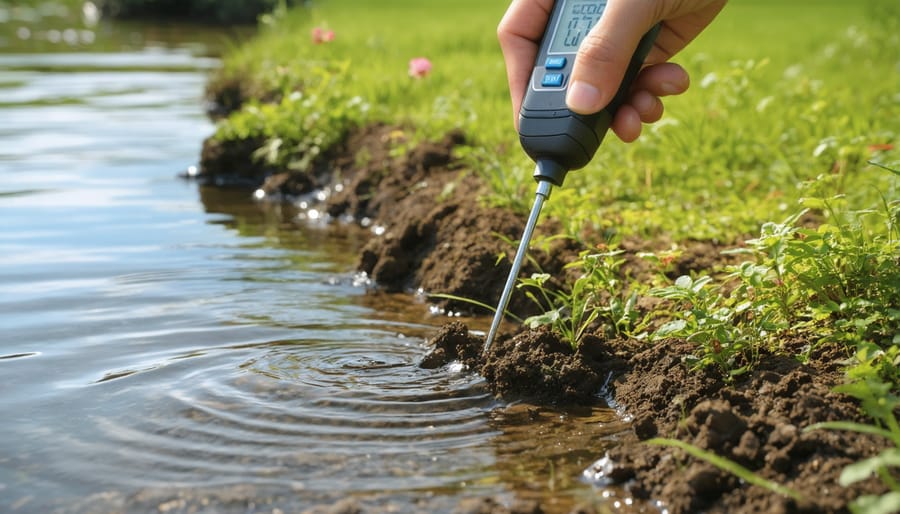 Person using a digital moisture meter to test soil moisture levels around a water garden