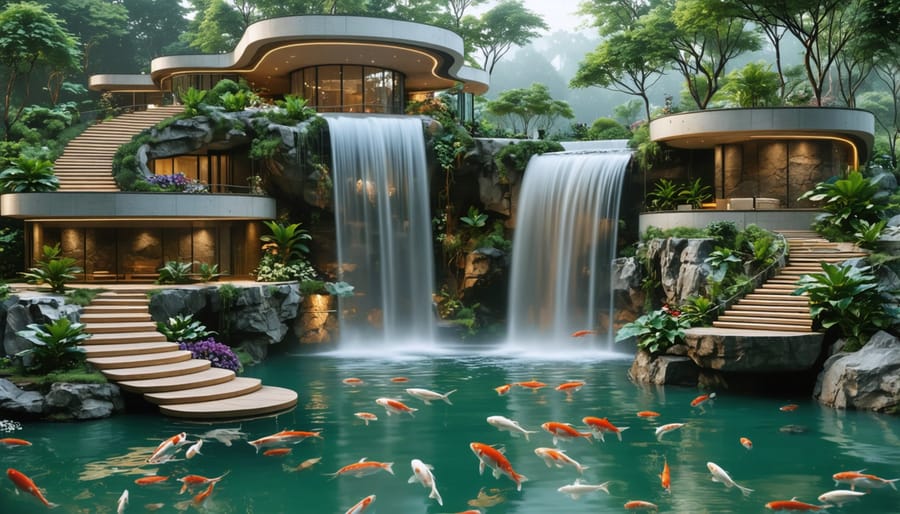 Contemporary stepped koi pond design with cascading water features