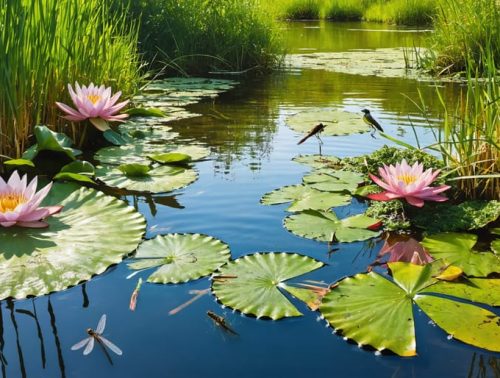 A picturesque pond filled with native plants, featuring water lilies and duckweed on the surface, rushes and sedges along the banks, and submerged plants creating a habitat for wildlife like frogs and dragonflies.