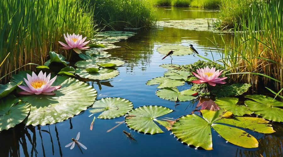 A picturesque pond filled with native plants, featuring water lilies and duckweed on the surface, rushes and sedges along the banks, and submerged plants creating a habitat for wildlife like frogs and dragonflies.