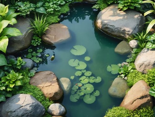 Overhead view of a backyard pond showcasing organic curves, native water plants, and natural rock transitions, emulating a serene wetland environment.