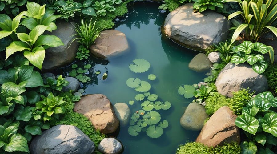 Overhead view of a backyard pond showcasing organic curves, native water plants, and natural rock transitions, emulating a serene wetland environment.