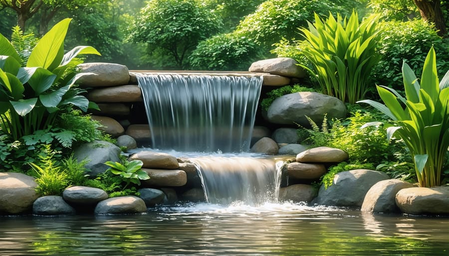 Natural-looking waterfall and bog filter system with aquatic plants